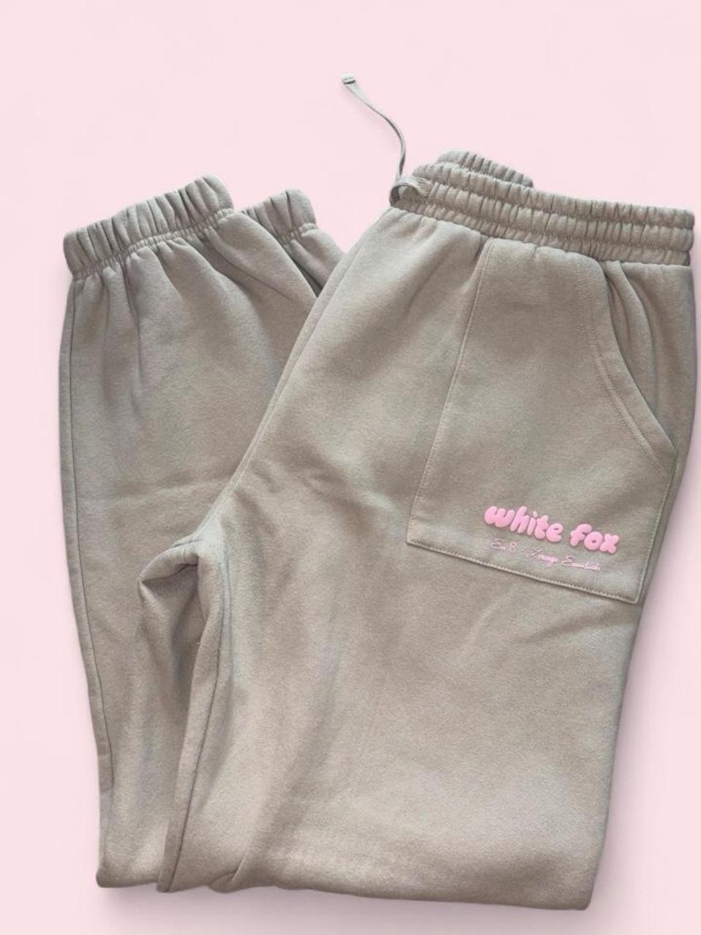 White Fox Boutique Taupe Track Pants with Pink Logo
